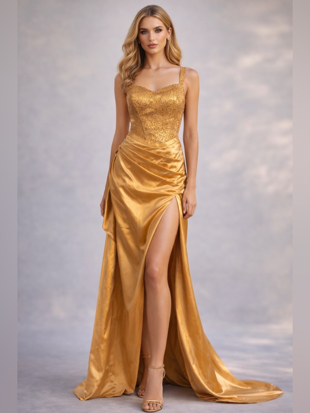 ✨ NWT Gold Glam Gown | Size 10 | Corset Back | Thigh High Slit ✨Prom Formal